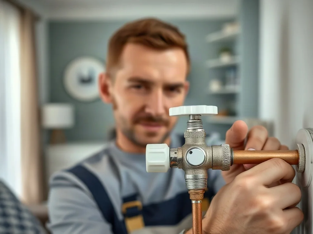 Hydraulik montuje nowoczesny zawór grzejnikowy na miedzianej rurze w jasnym, minimalistycznym wnętrzu.